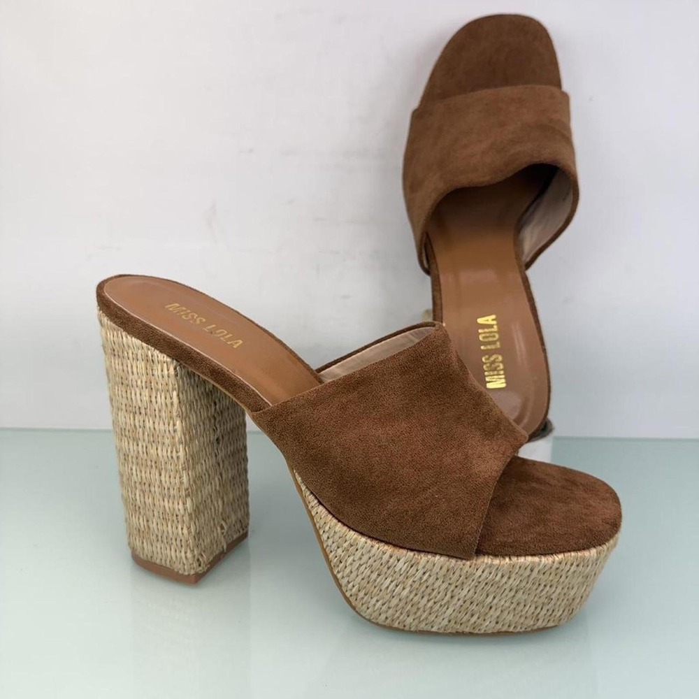Miss Lola Platform Mule Heels  8.5 Brown Raffia Chunky Boho Y2K Bratz Ultra High
